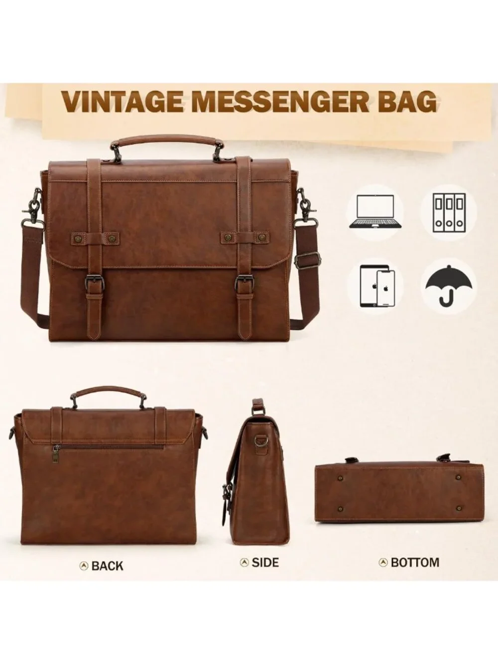 Vintage Leather Waterproof Messenger Bag for 17